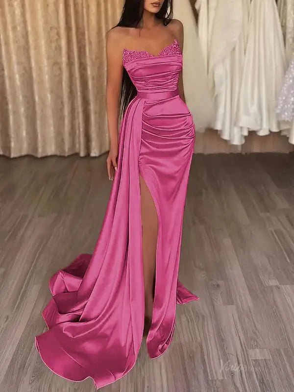 Strapless Satin Mermaid Prom Dress 2025 with Slit & Overskirt – FD5001-prom dresses 2025 -Viniodress-Pink-Custom Size-