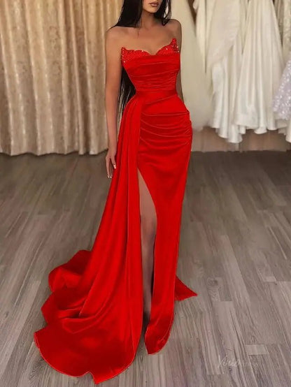 Strapless Satin Mermaid Prom Dress 2025 with Slit & Overskirt – FD5001-prom dresses 2025 -Viniodress-Red-Custom Size-