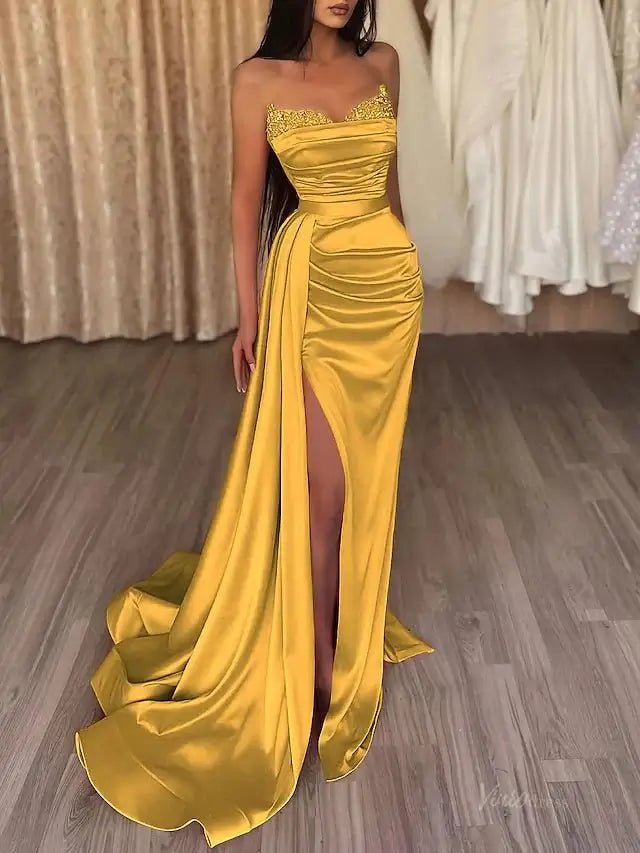 Strapless Satin Mermaid Prom Dress 2025 with Slit & Overskirt – FD5001-prom dresses 2025 -Viniodress-Yellow-Custom Size-