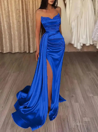Strapless Satin Mermaid Prom Dress 2025 with Slit & Overskirt – FD5001-prom dresses 2025 -Viniodress-Blue-Custom Size-
