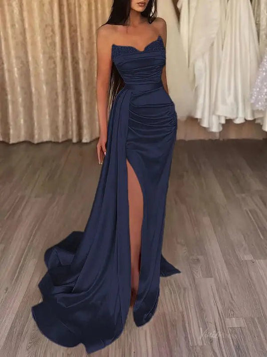 Strapless Satin Mermaid Prom Dress 2025 with Slit & Overskirt – FD5001-prom dresses 2025 -Viniodress-Dark Blue-Custom Size-