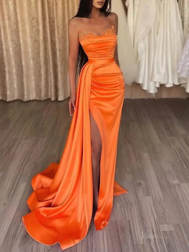 Strapless Satin Mermaid Prom Dress 2025 with Slit & Overskirt – FD5001-prom dresses 2025 -Viniodress-Orange-Custom Size-