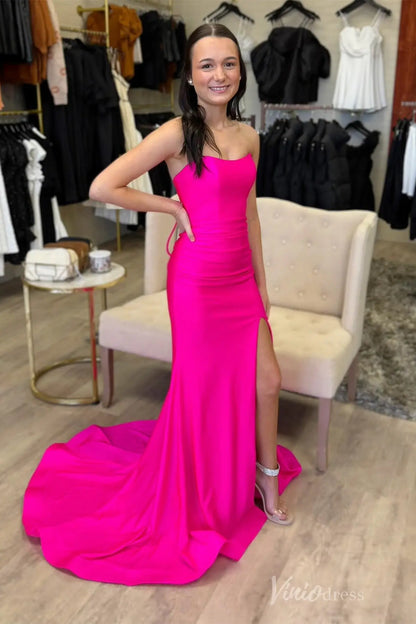 Strapless Satin Mermaid Prom Dress with Side Cutout, Lace-Up Back, and High Slit – SS031-prom dresses 2025 -Viniodress-Hot Pink-Custom Size-
