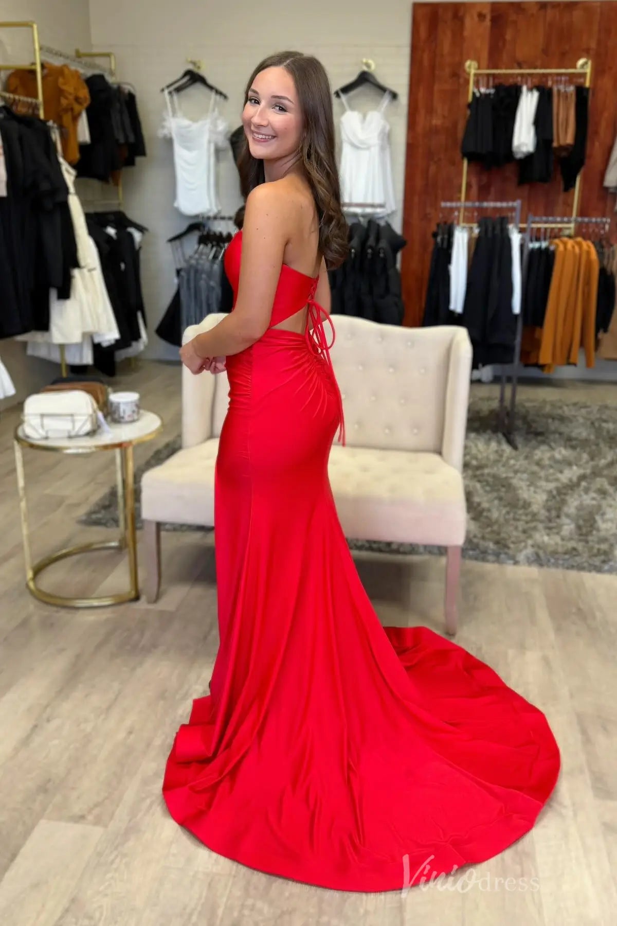 Strapless Satin Mermaid Prom Dress with Side Cutout, Lace-Up Back, and High Slit – SS031-prom dresses 2025 -Viniodress-Red-Custom Size-