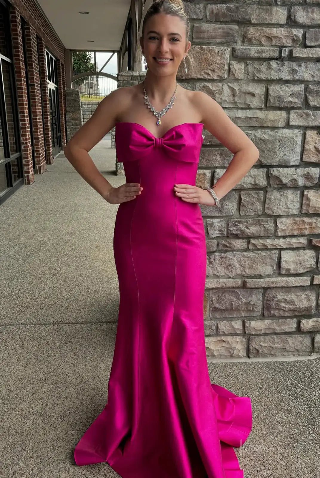 Strapless Satin Mermaid Prom Dresses 2025 with Bow – FD5058-prom dresses 2025 -Viniodress-Fuchsia-Custom Size-