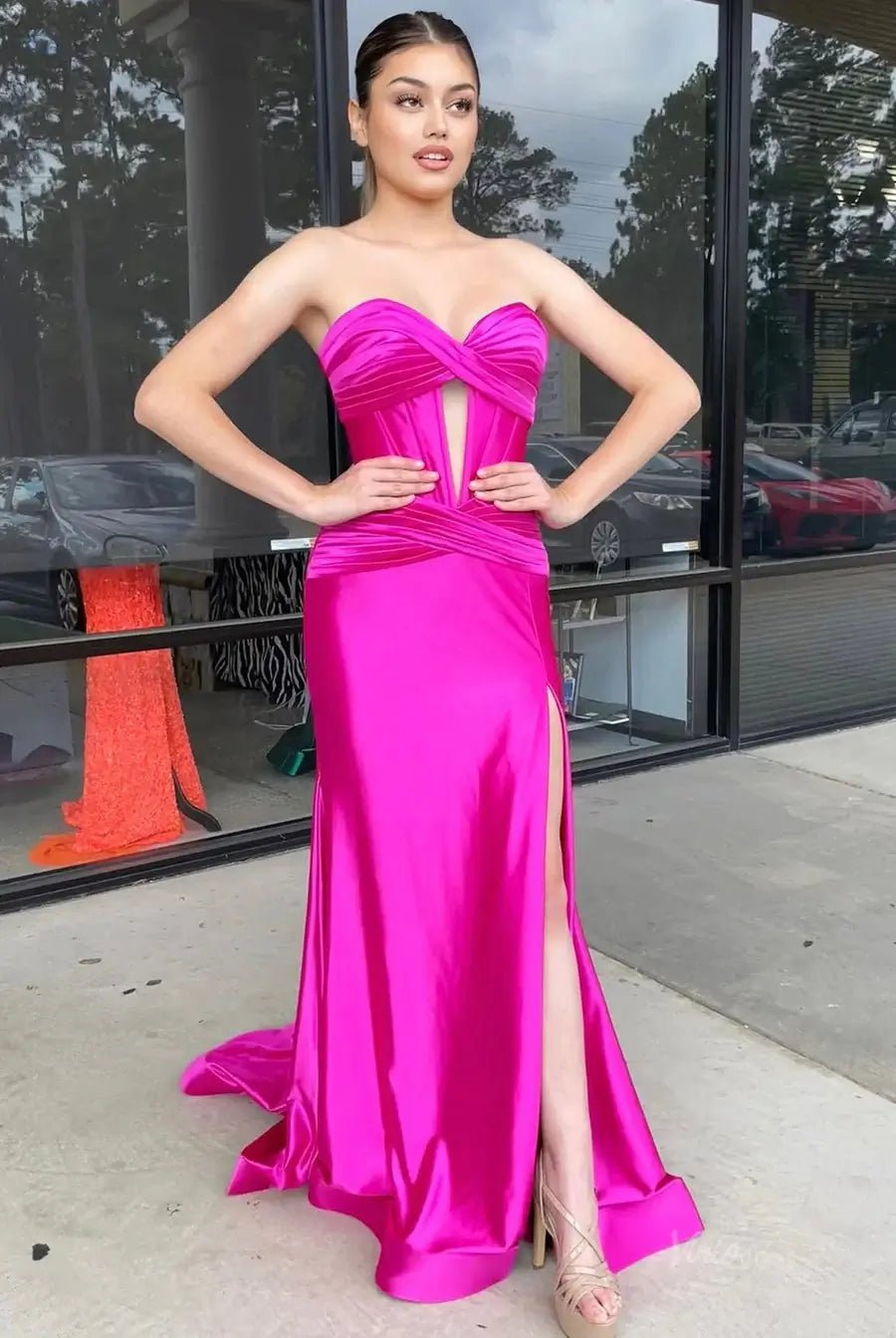 Strapless Satin Mermaid Prom Dresses 2025 with Slit & Pleated Crossed Bodice – FD5040-prom dresses 2025 -Viniodress-Fuchsia-Custom Size-