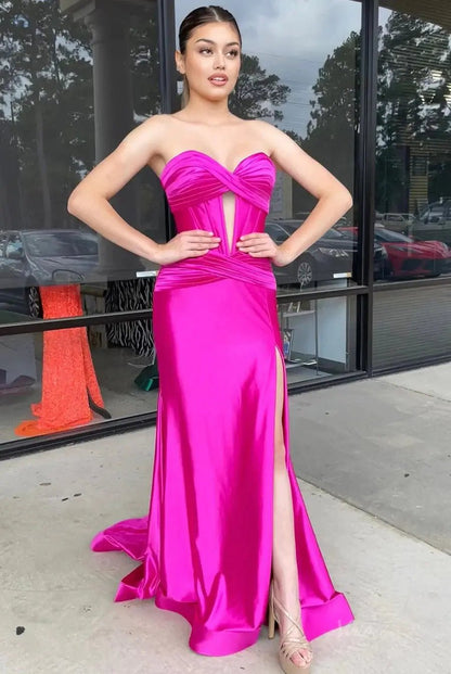 Strapless Satin Mermaid Prom Dresses 2025 with Slit & Pleated Crossed Bodice – FD5040-prom dresses 2025 -Viniodress-Fuchsia-Custom Size-