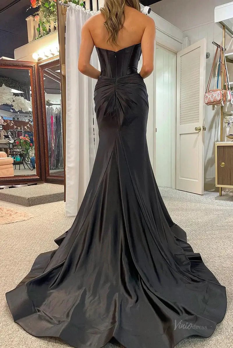 Strapless Satin Mermaid Prom Dresses 2025 with Slit & Pleated Crossed Bodice – FD5040-prom dresses 2025 -Viniodress-Sage-Custom Size-