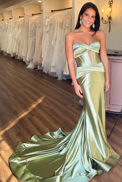 Strapless Satin Mermaid Prom Dresses 2025 with Slit & Pleated Crossed Bodice – FD5040-prom dresses 2025 -Viniodress-Sage-Custom Size-