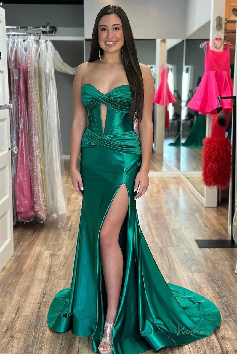 Strapless Satin Mermaid Prom Dresses 2025 with Slit & Pleated Crossed Bodice – FD5040-prom dresses 2025 -Viniodress-Green-Custom Size-