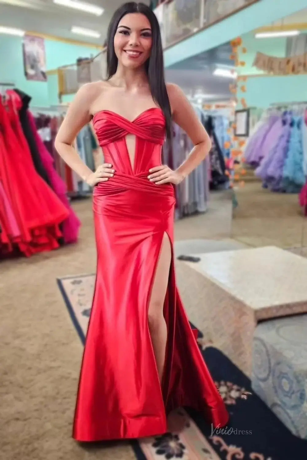 Strapless Satin Mermaid Prom Dresses 2025 with Slit & Pleated Crossed Bodice – FD5040-prom dresses 2026-Viniodress-Red-Custom Size – Add Measurements in Cart-