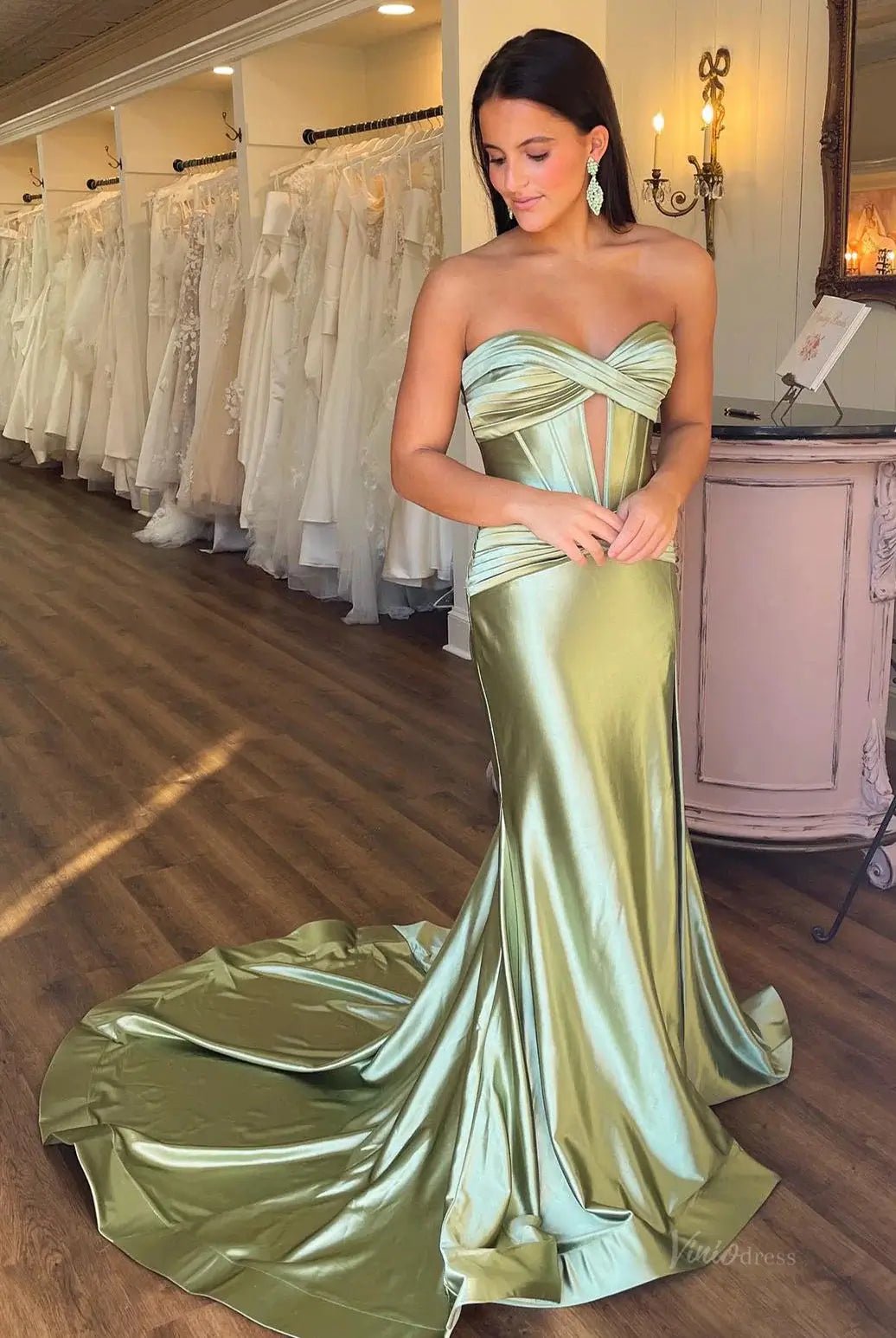 Strapless Satin Mermaid Prom Dresses 2025 with Slit & Pleated Crossed Bodice – FD5040-prom dresses 2025 -Viniodress-Sage-Custom Size-