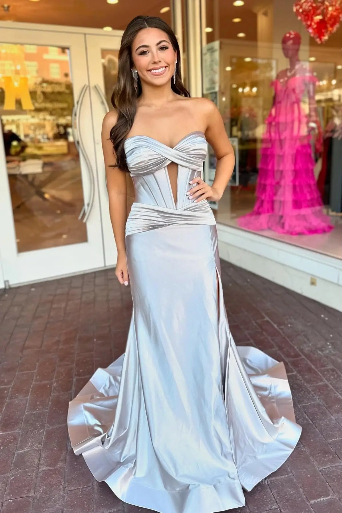 Strapless Satin Mermaid Prom Dresses 2025 with Slit & Pleated Crossed Bodice – FD5040-prom dresses 2026-Viniodress-Silver-Custom Size – Add Measurements in Cart-