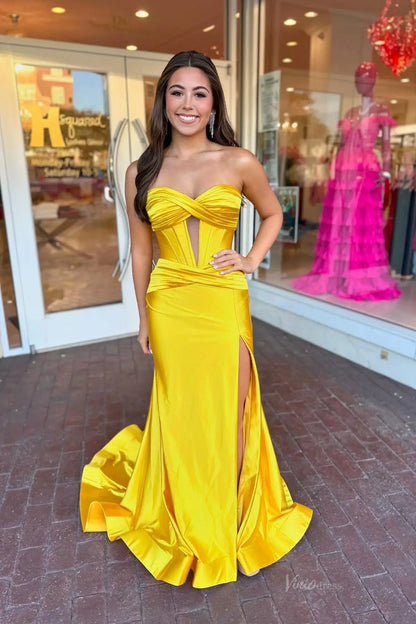 Strapless Satin Mermaid Prom Dresses 2025 with Slit & Pleated Crossed Bodice – FD5040-prom dresses 2026-Viniodress-Yellow-Custom Size – Add Measurements in Cart-