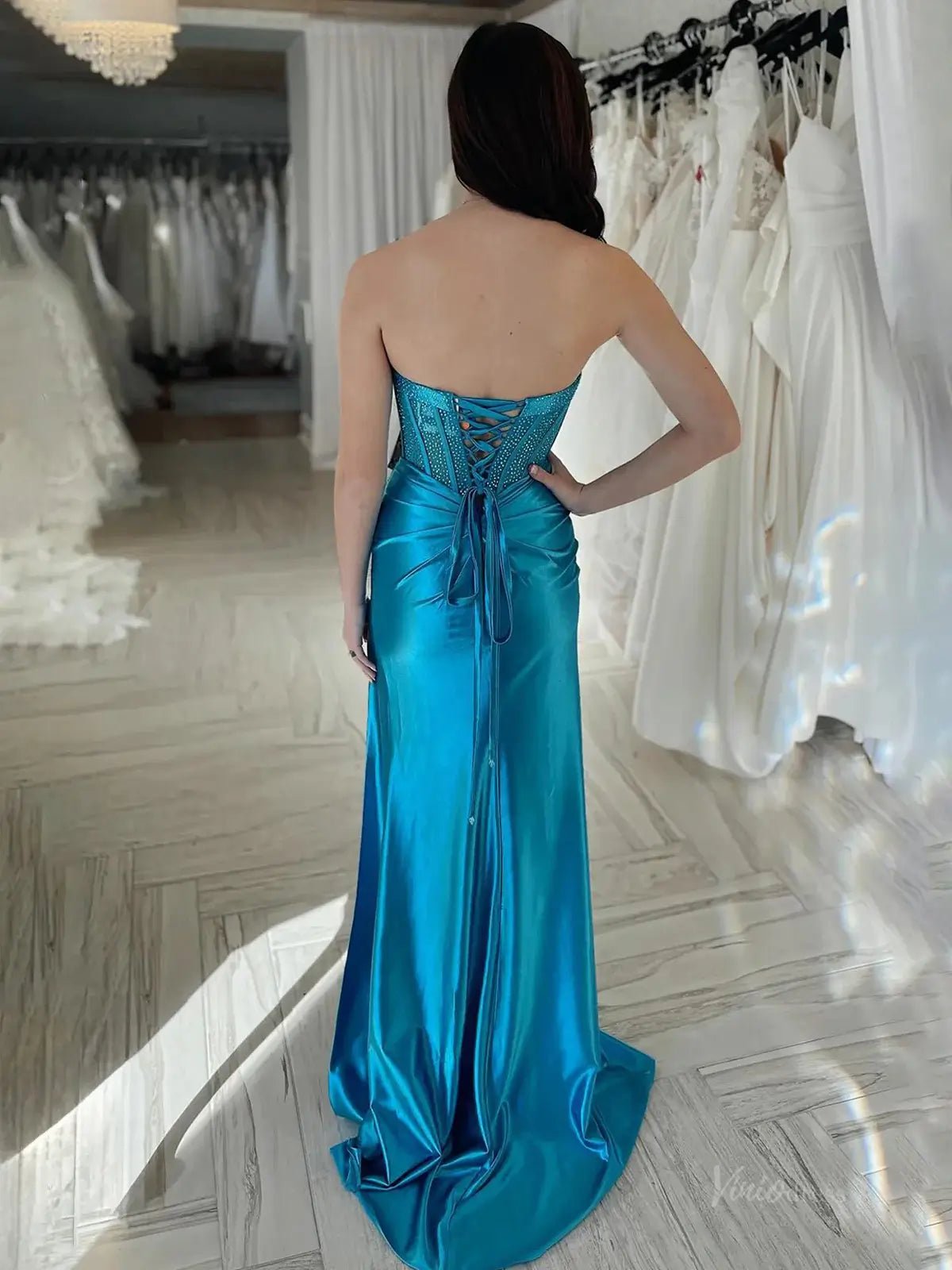 Strapless Satin Mermaid Prom Dresses 2025 with Slit, Sweetheart Neck & Beaded Boned Bodice – FD5050B-prom dresses 2025 -Viniodress-Blue-Custom Size-
