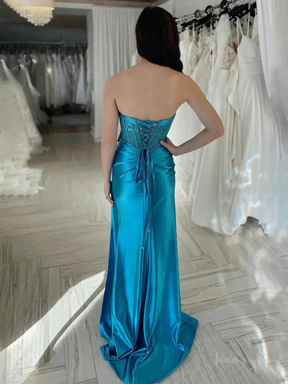 Strapless Satin Mermaid Prom Dresses 2025 with Slit, Sweetheart Neck & Beaded Boned Bodice – FD5050B-prom dresses 2025 -Viniodress-Blue-Custom Size-