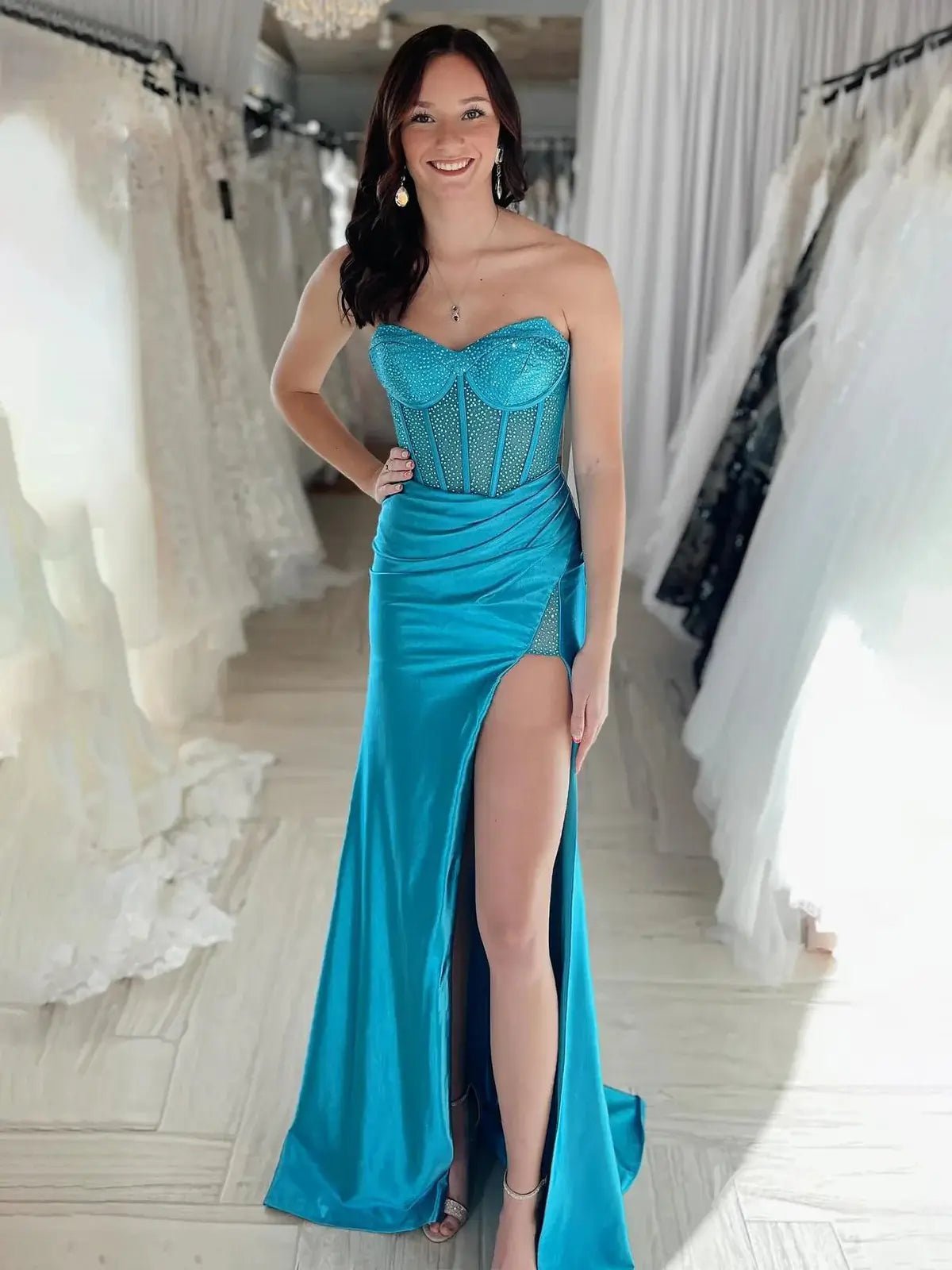 Strapless Satin Mermaid Prom Dresses 2025 with Slit, Sweetheart Neck & Beaded Boned Bodice – FD5050B-prom dresses 2025 -Viniodress-Blue-Custom Size-
