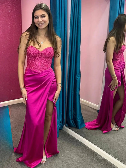 Strapless Satin Mermaid Prom Dresses 2025 with Slit, Sweetheart Neck & Lace Bodice – FD5065-prom dresses 2025 -Viniodress-Fuchsia-Custom Size-