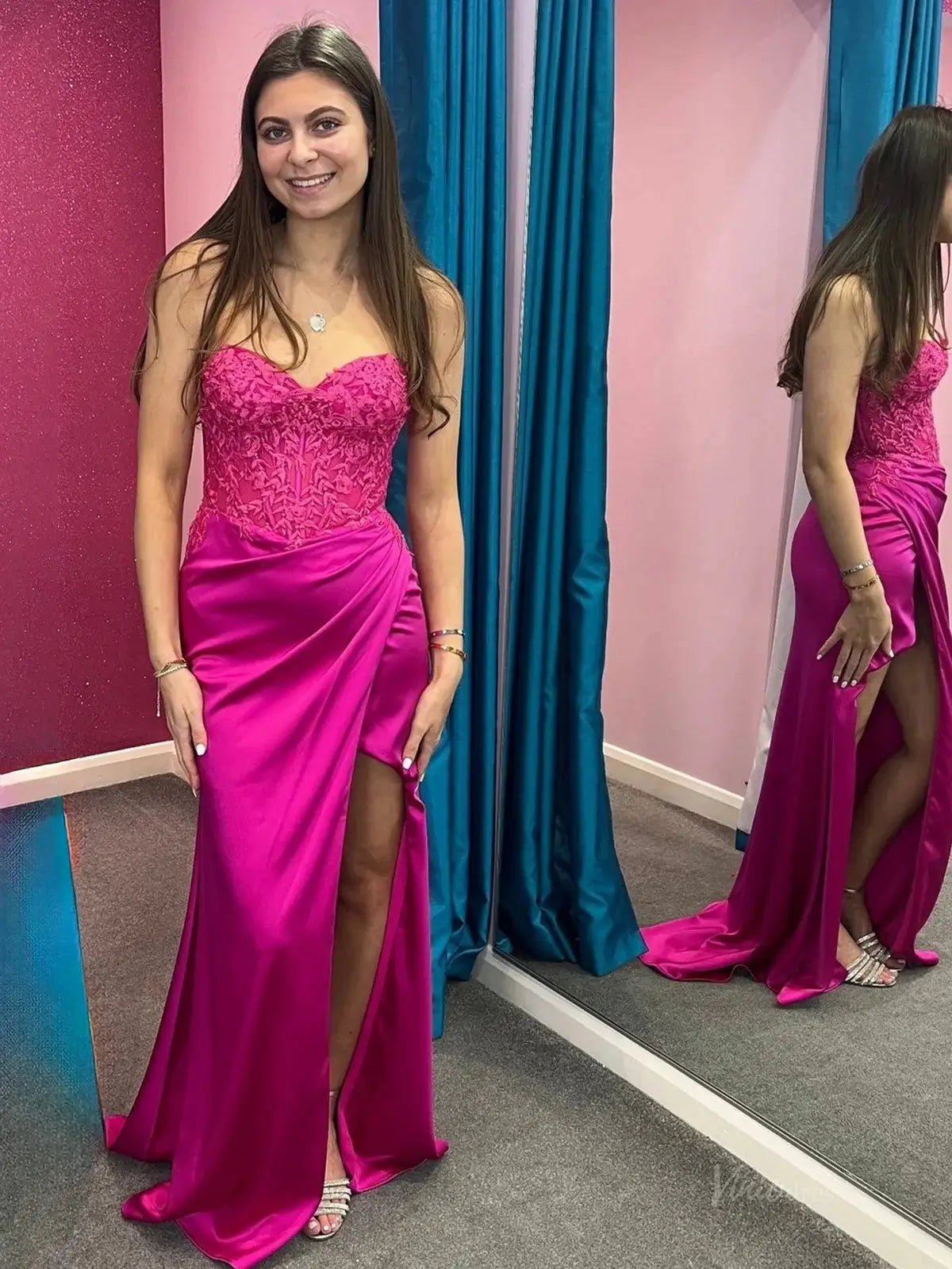 Strapless Satin Mermaid Prom Dresses 2025 with Slit, Sweetheart Neck & Lace Bodice – FD5065-prom dresses 2025 -Viniodress-Fuchsia-Custom Size-