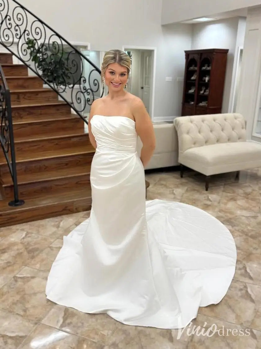 Strapless Satin Mermaid Wedding Dress with Detachable Overskirt and Chapel Train – MS106-wedding dresses 2025 -Viniodress-Ivory-Custom Size-