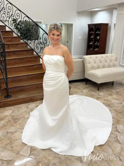 Strapless Satin Mermaid Wedding Dress with Detachable Overskirt and Chapel Train – MS106-wedding dresses 2025 -Viniodress-Ivory-Custom Size-