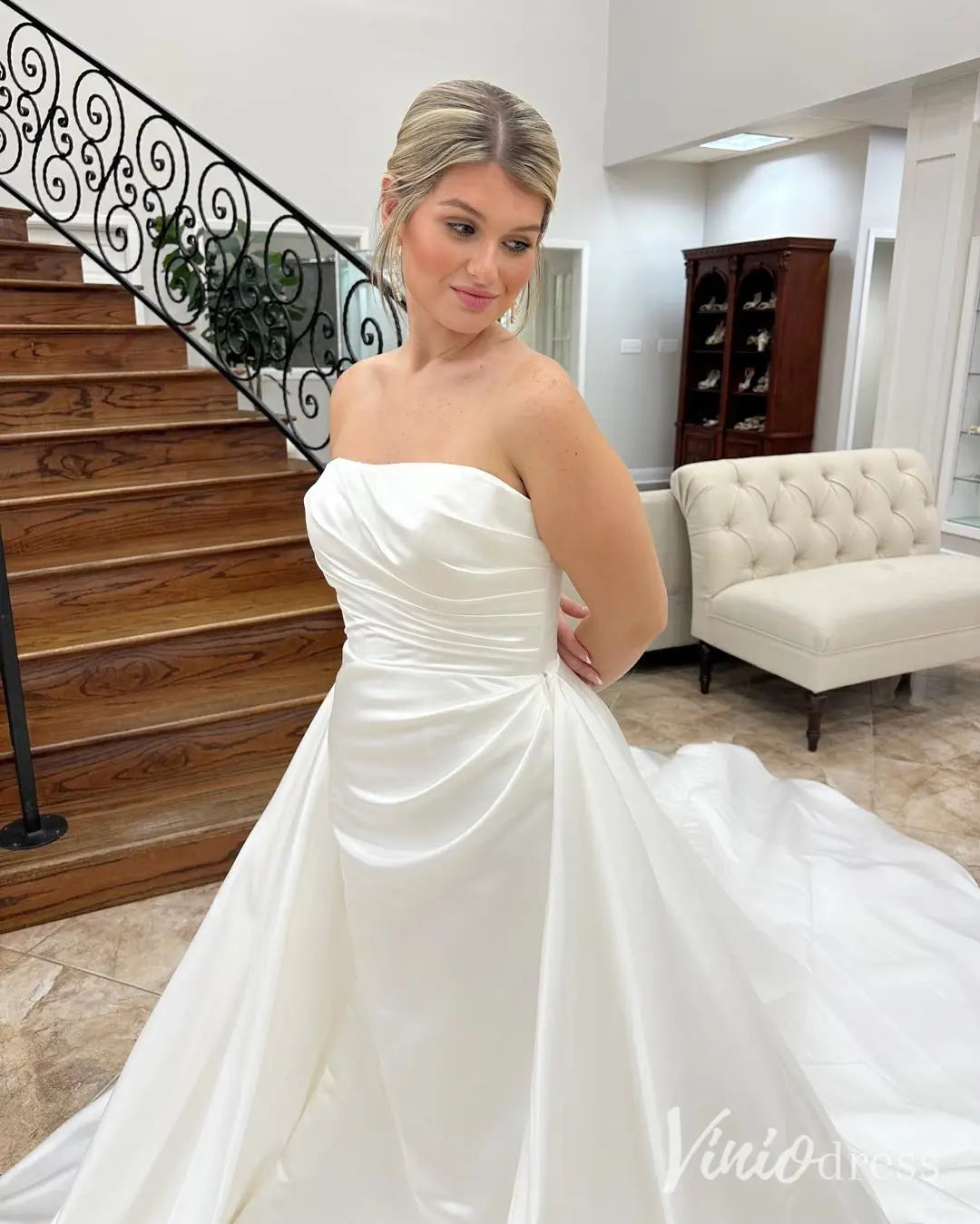 Strapless Satin Mermaid Wedding Dress with Detachable Overskirt and Chapel Train – MS106-wedding dresses 2025 -Viniodress-Ivory-Custom Size-