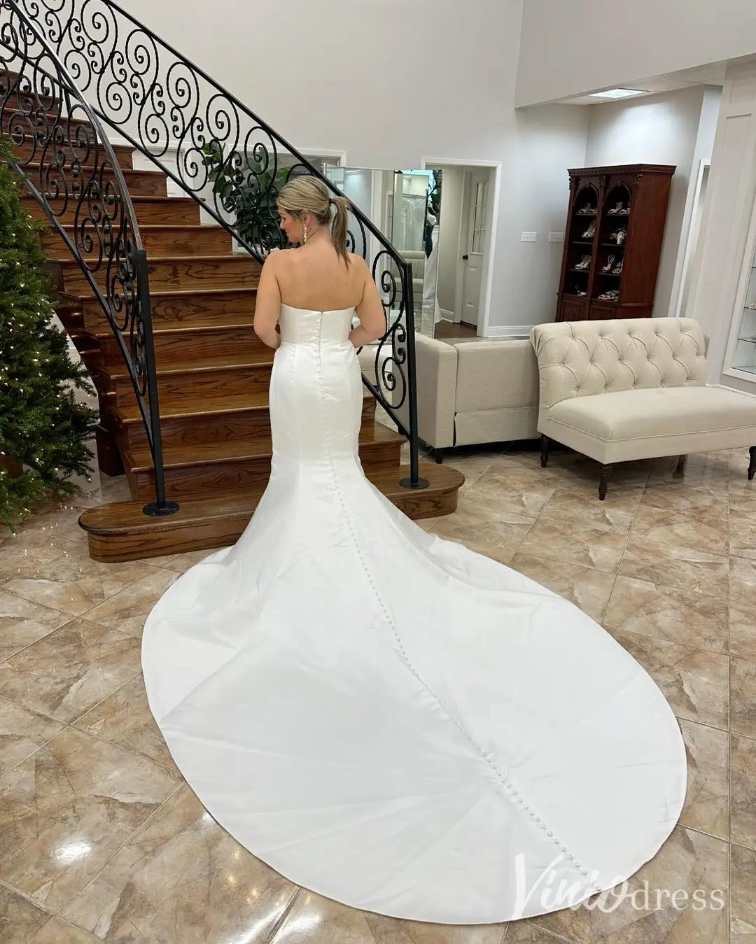 Strapless Satin Mermaid Wedding Dress with Detachable Overskirt and Chapel Train – MS106-wedding dresses 2025 -Viniodress-Ivory-Custom Size-