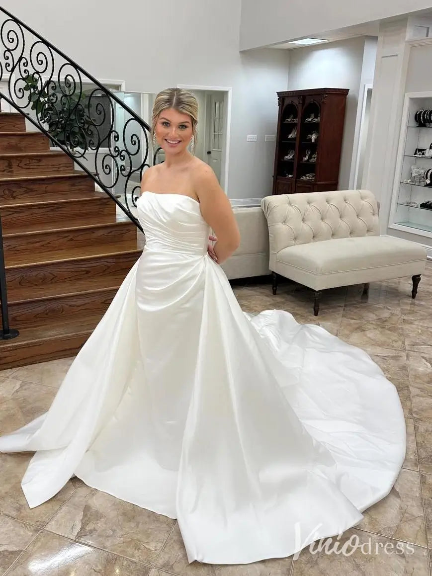 Strapless Satin Mermaid Wedding Dress with Detachable Overskirt and Chapel Train – MS106-wedding dresses 2025 -Viniodress-Ivory-Custom Size-