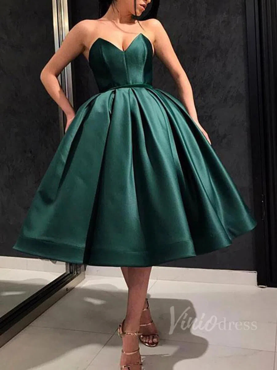 Strapless Satin Midi Party Dress | Elegant A-Line Prom Dress with Boned Bodice & Puffy Skirt SD1178-Homecoming Dresses 2025 -Viniodress-Emerald-Custom Size-
