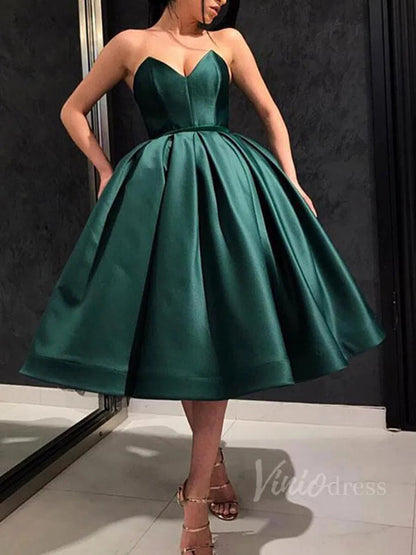 Strapless Satin Midi Party Dress | Elegant A-Line Prom Dress with Boned Bodice & Puffy Skirt SD1178-Homecoming Dresses 2025 -Viniodress-Emerald-Custom Size-