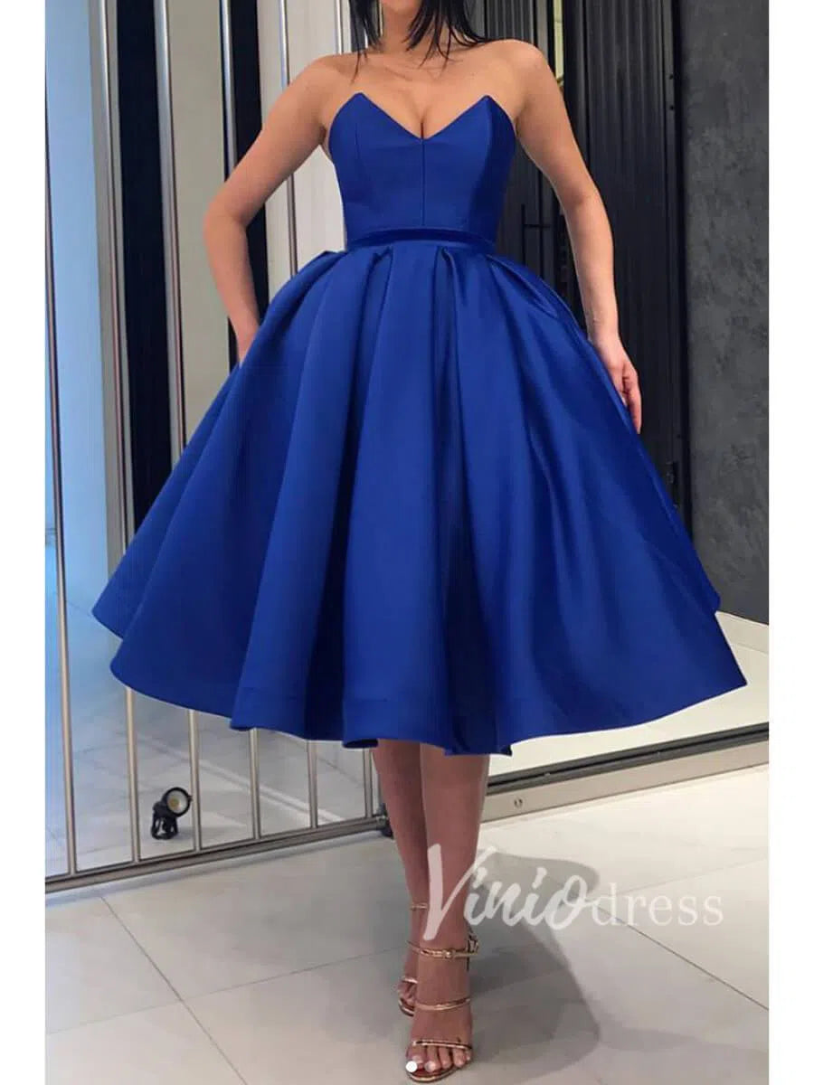 Strapless Satin Midi Party Dress | Elegant A-Line Prom Dress with Boned Bodice & Puffy Skirt SD1178-Homecoming Dresses 2025 -Viniodress-Emerald-Custom Size-