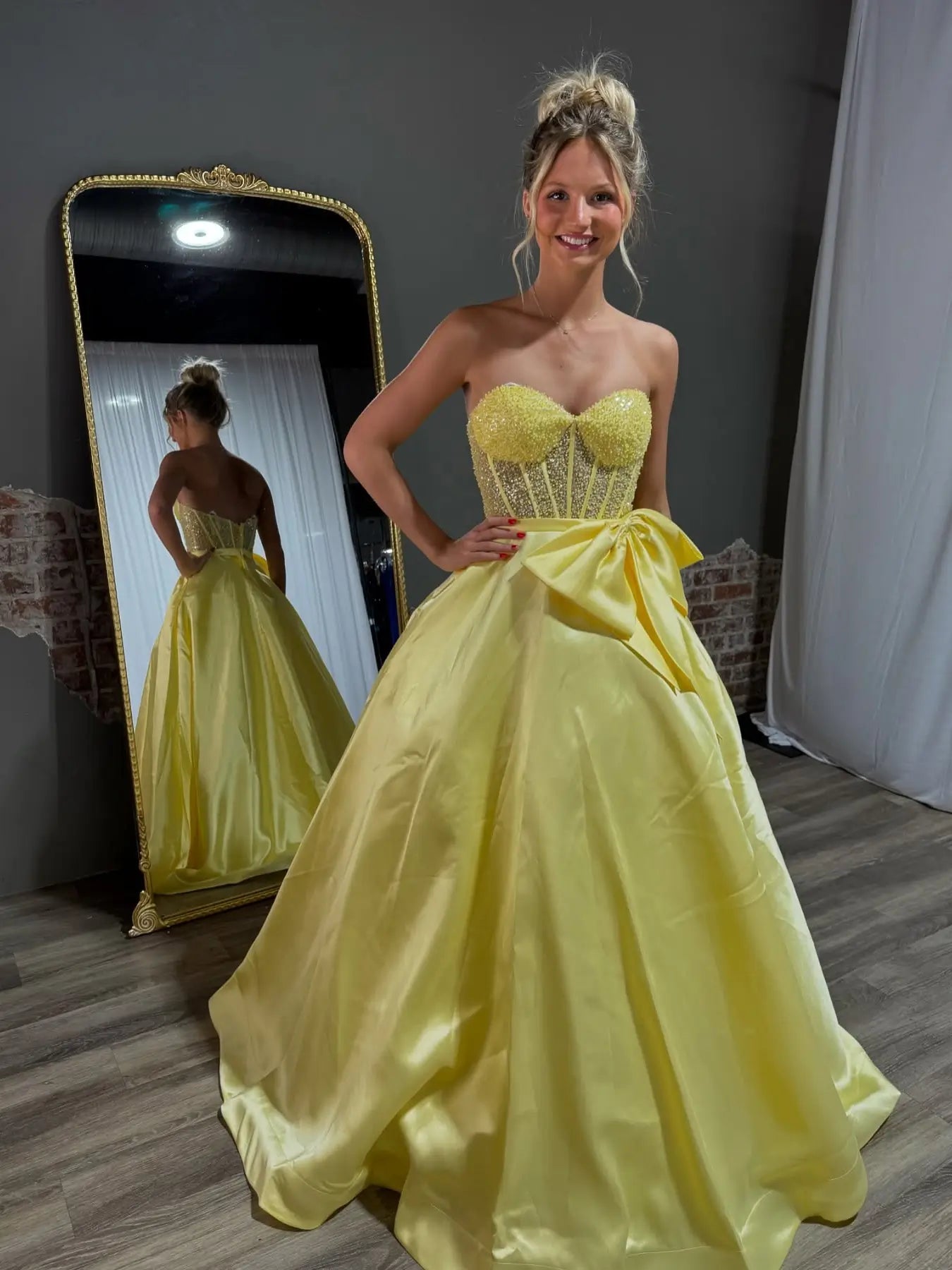 prom dresses 2025 Strapless Satin Prom Dress with Bow, Sweetheart Neckline & Beaded Bodice – Style FD5195-plus size wedding dresses Viniodress-Yellow-Custom Size-