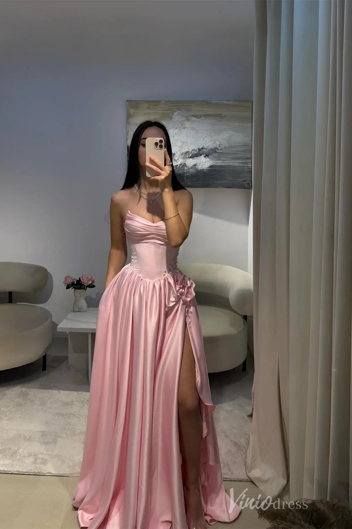 Strapless Satin Prom Dress with Corset Bodice, High Slit, 3D Floral Detail and Pockets – AS034-prom dresses 2025 -Viniodress-Pink-Custom Size-