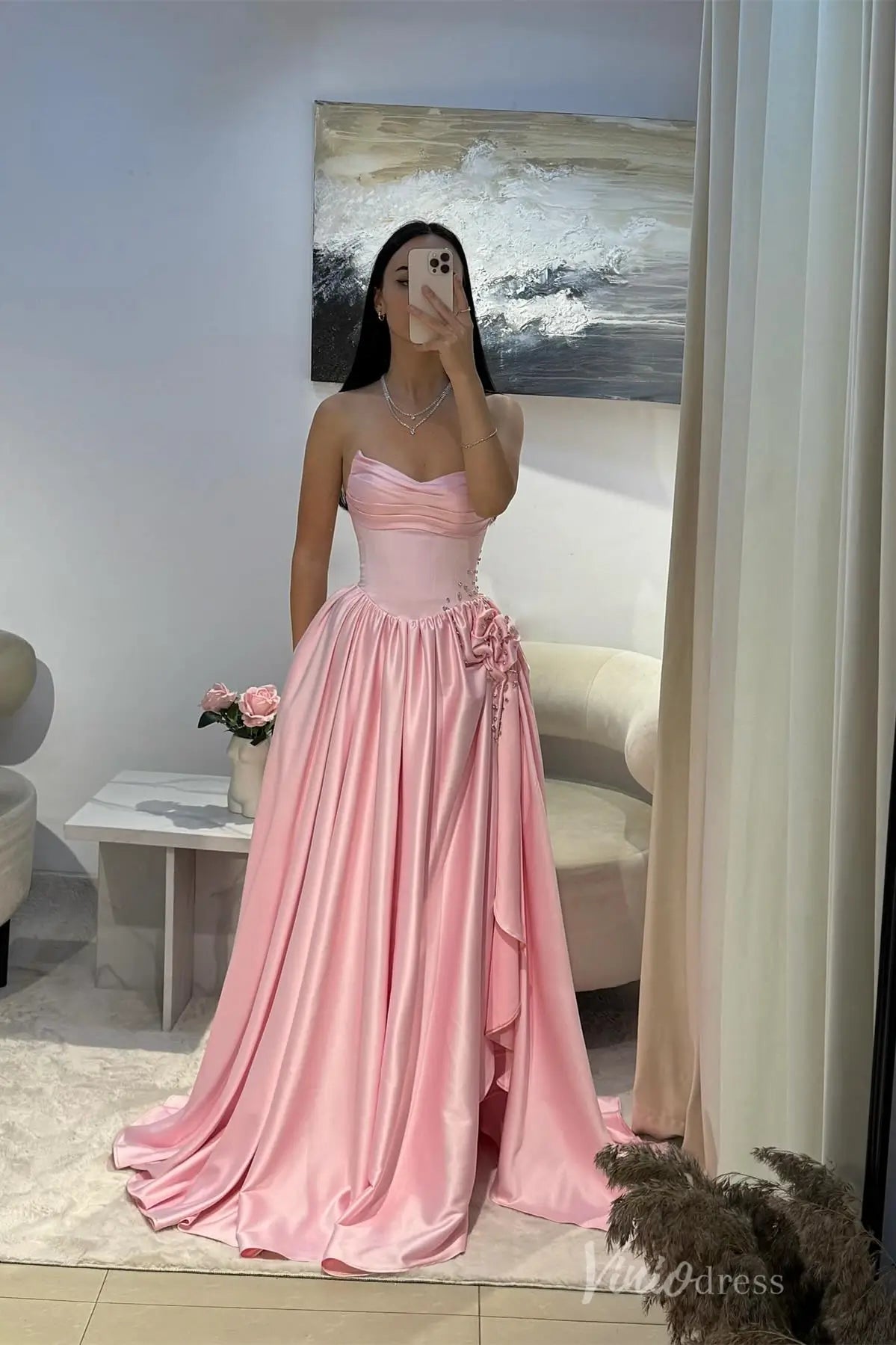 Strapless Satin Prom Dress with Corset Bodice, High Slit, 3D Floral Detail and Pockets – AS034-prom dresses 2025 -Viniodress-Pink-Custom Size-