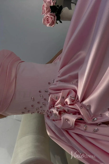 Strapless Satin Prom Dress with Corset Bodice, High Slit, 3D Floral Detail and Pockets – AS034-prom dresses 2025 -Viniodress-Pink-Custom Size-