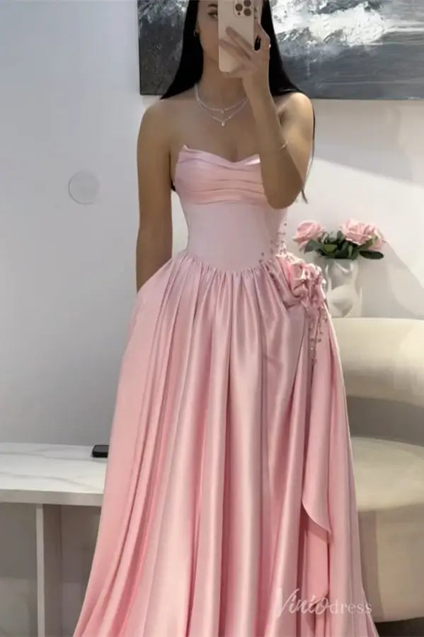 Strapless Satin Prom Dress with Corset Bodice, High Slit, 3D Floral Detail and Pockets – AS034-prom dresses 2025 -Viniodress-Pink-Custom Size-