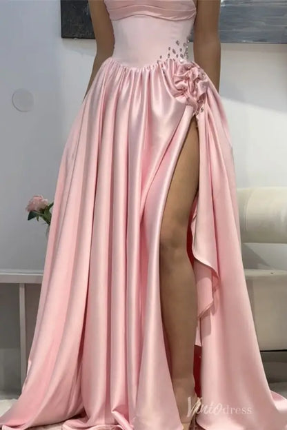Strapless Satin Prom Dress with Corset Bodice, High Slit, 3D Floral Detail and Pockets – AS034-prom dresses 2025 -Viniodress-Pink-Custom Size-