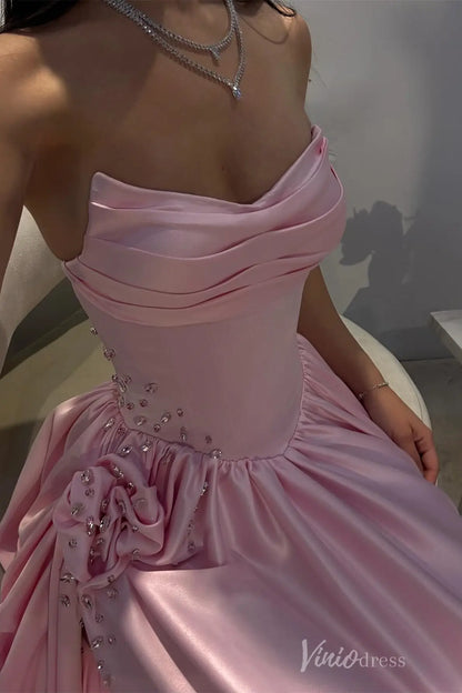 Strapless Satin Prom Dress with Corset Bodice, High Slit, 3D Floral Detail and Pockets – AS034-prom dresses 2025 -Viniodress-Pink-Custom Size-