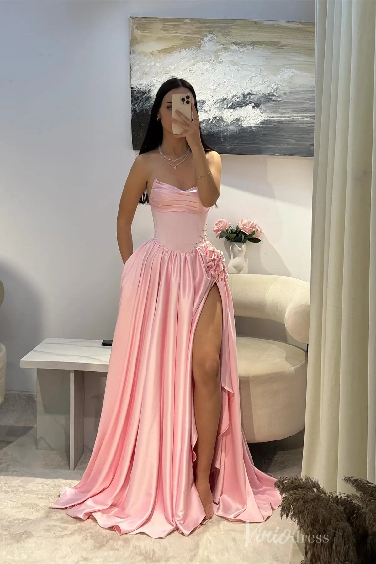 Strapless Satin Prom Dress with Corset Bodice, High Slit, 3D Floral Detail and Pockets – AS034-prom dresses 2025 -Viniodress-Pink-Custom Size-