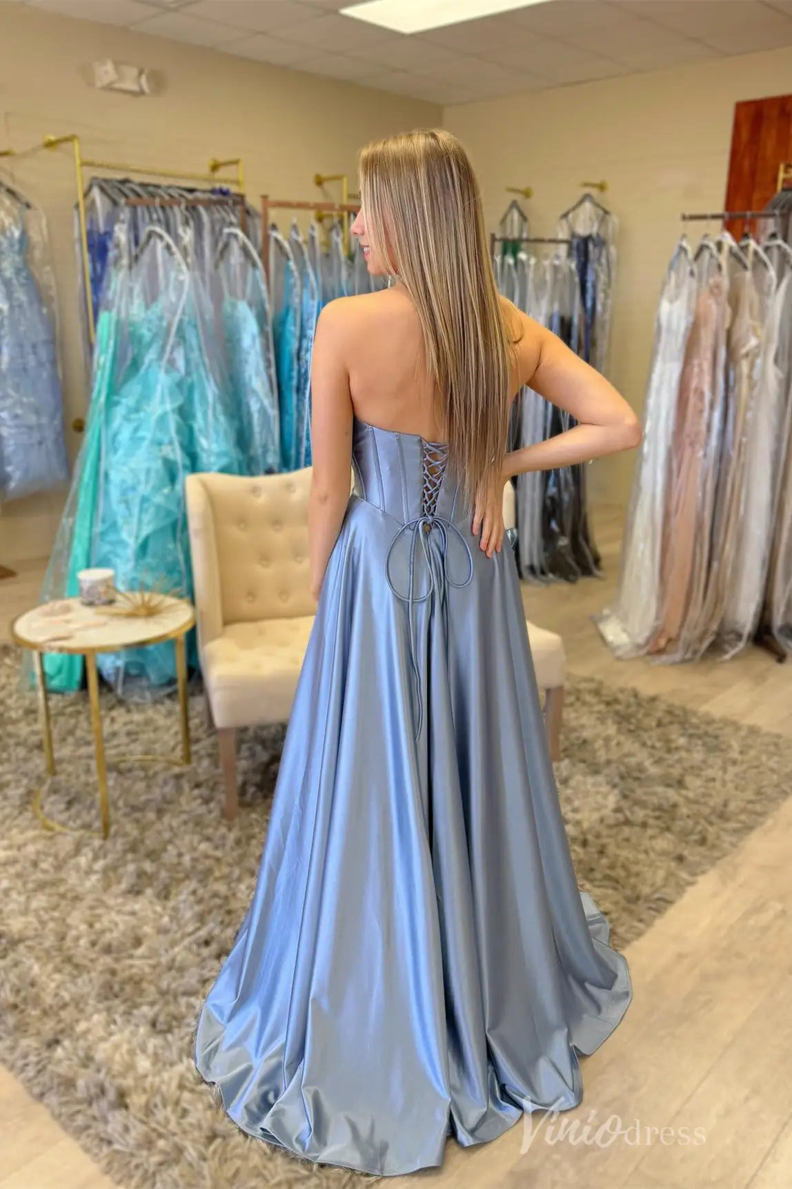 Strapless Satin Prom Dress with Corset Bodice, Lace-Up Back, and Floor-Length Skirt – AS015-prom dresses 2025 -Viniodress-Dusty Blue-Custom Size-