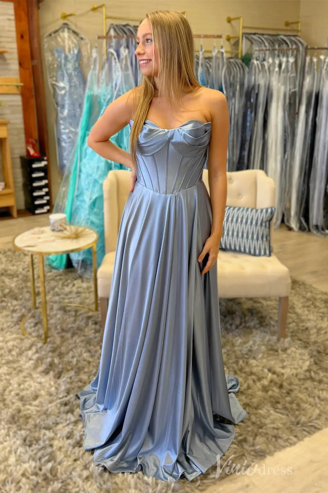 Strapless Satin Prom Dress with Corset Bodice, Lace-Up Back, and Floor-Length Skirt – AS015-prom dresses 2025 -Viniodress-Dusty Blue-Custom Size-