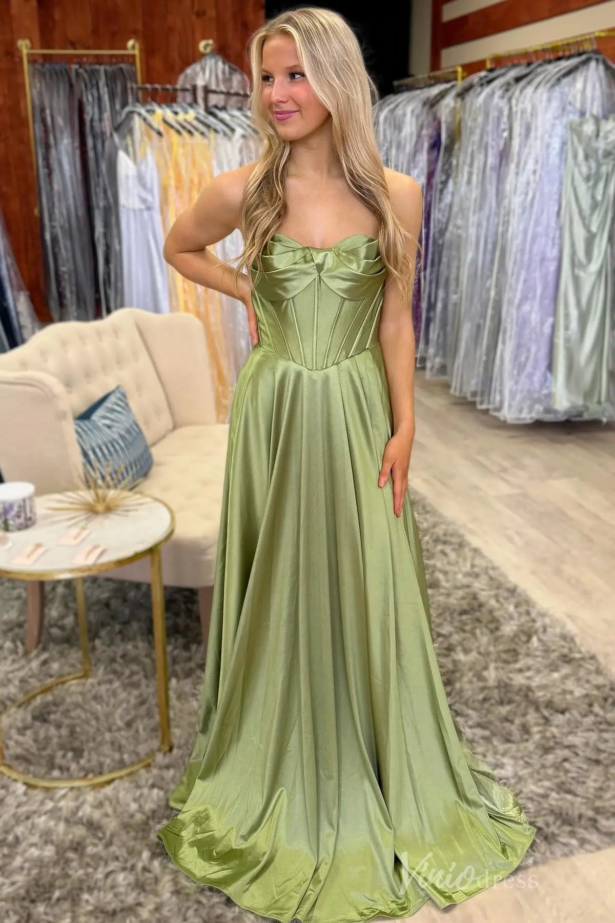Strapless Satin Prom Dress with Corset Bodice, Lace-Up Back, and Floor-Length Skirt – AS015-prom dresses 2025 -Viniodress-Dusty Blue-Custom Size-