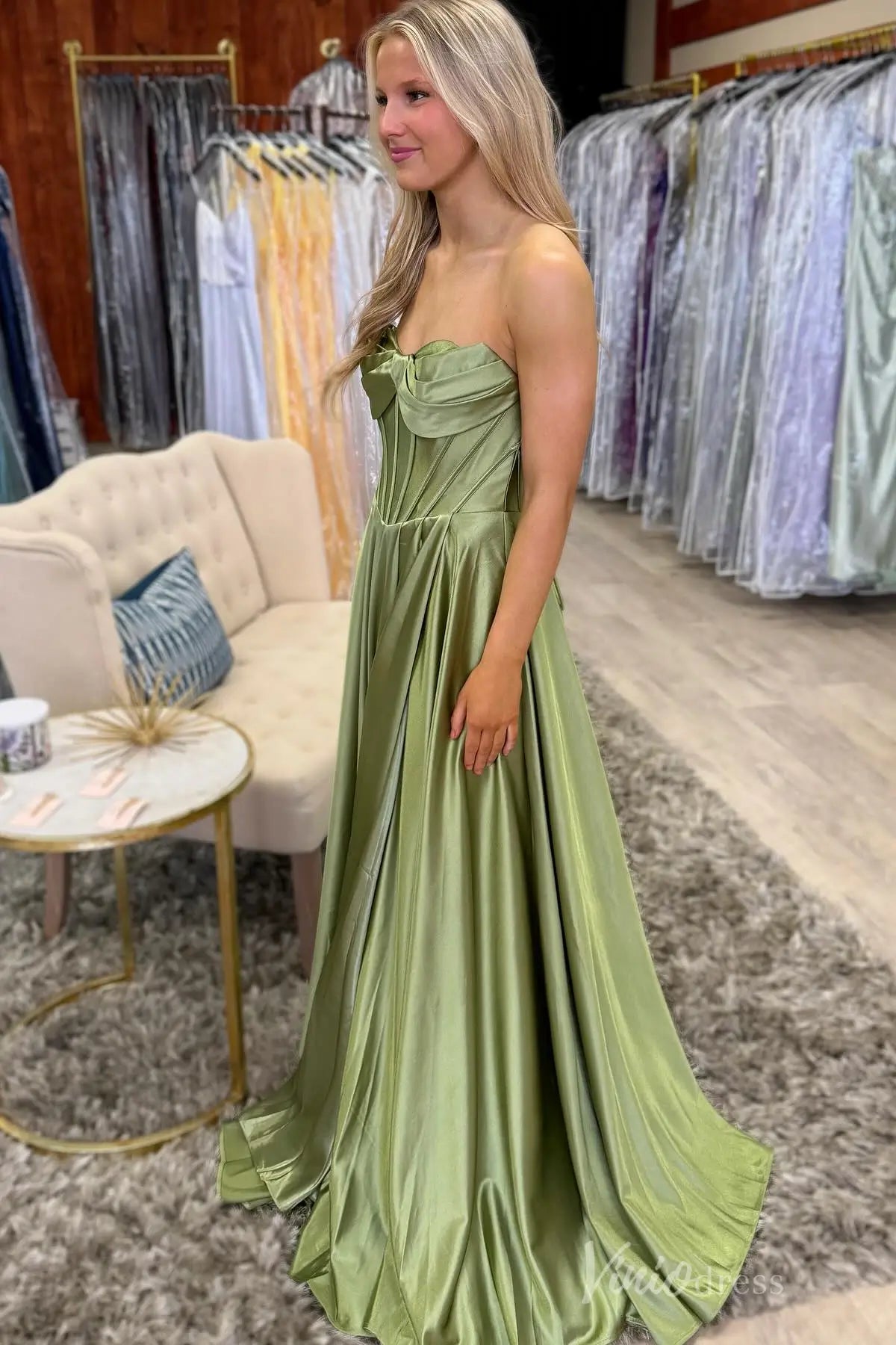 Strapless Satin Prom Dress with Corset Bodice, Lace-Up Back, and Floor-Length Skirt – AS015-prom dresses 2025 -Viniodress-Dusty Blue-Custom Size-