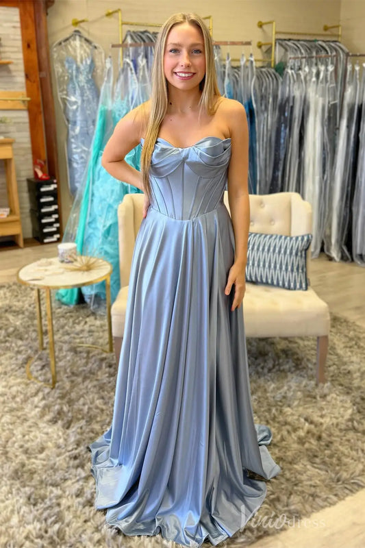 Strapless Satin Prom Dress with Corset Bodice, Lace-Up Back, and Floor-Length Skirt – AS015-prom dresses 2025 -Viniodress-Dusty Blue-Custom Size-