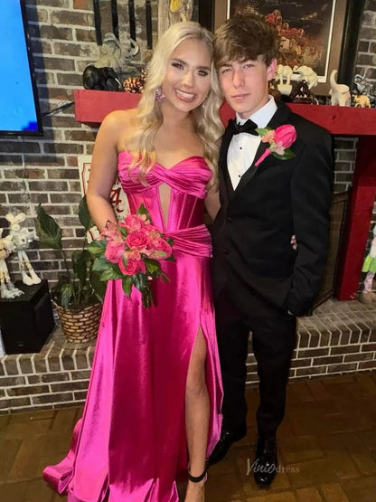Strapless Satin Prom Dresses 2025 Crossed Bodice Formal Gown with High Slit FD5123-prom dresses 2025 -Viniodress-Fuchsia-Custom Size-