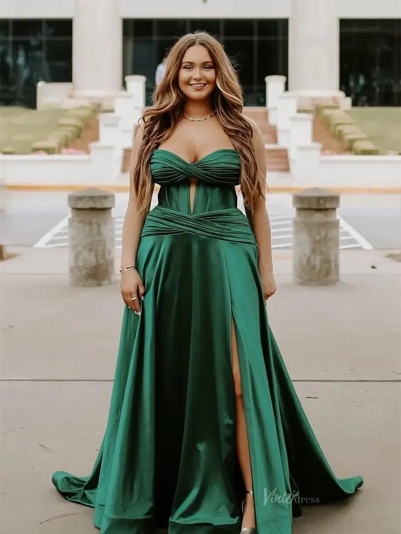 Strapless Satin Prom Dresses 2025 Crossed Bodice Formal Gown with High Slit FD5123-prom dresses 2025 -Viniodress-Green-Custom Size-