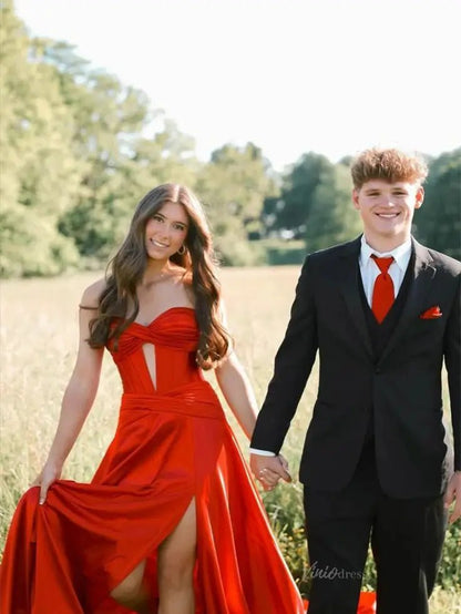 Strapless Satin Prom Dresses 2025 Crossed Bodice Formal Gown with High Slit FD5123-prom dresses 2025 -Viniodress-Red-Custom Size-