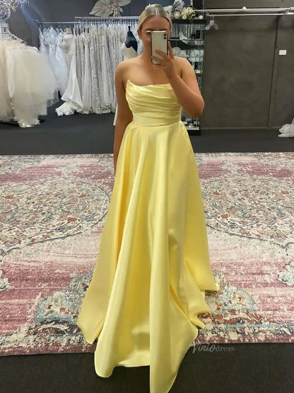 Strapless Satin Prom Dresses with Pleated Bodice & Pockets - FD5135-prom dresses 2025 -Viniodress-Yellow-Custom Size-