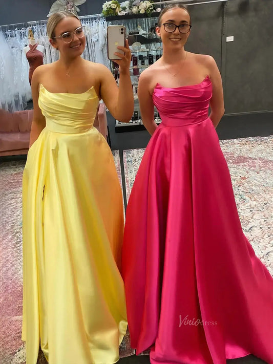 Strapless Satin Prom Dresses with Pleated Bodice & Pockets - FD5135-prom dresses 2025 -Viniodress-Yellow-Custom Size-