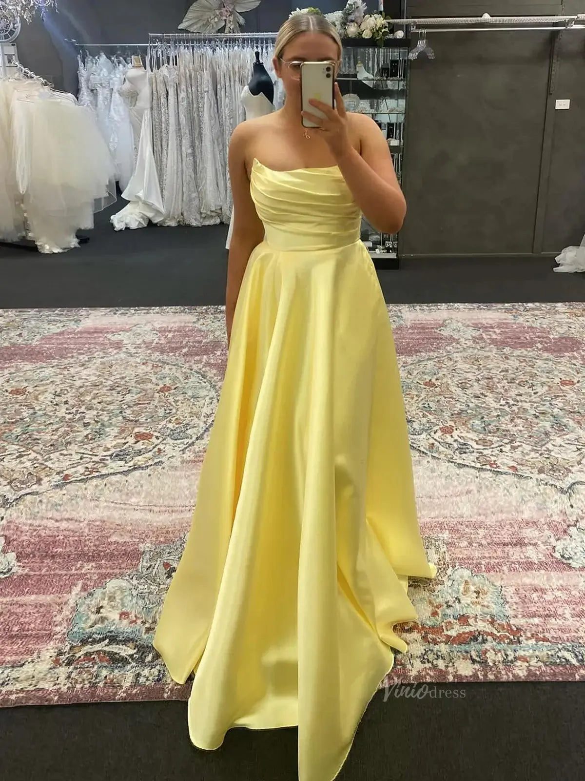 prom dresses 2025 Strapless Satin Prom Dresses with Pleated Bodice & Pockets - FD5135-plus size wedding dresses Viniodress-Yellow-Custom Size-